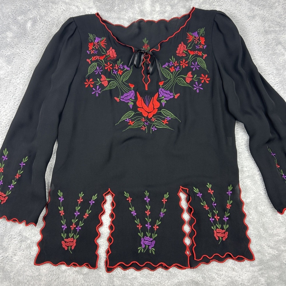 Women's Large Silk Tunic Top Embroidered Scalloped Keyhole Neck Black